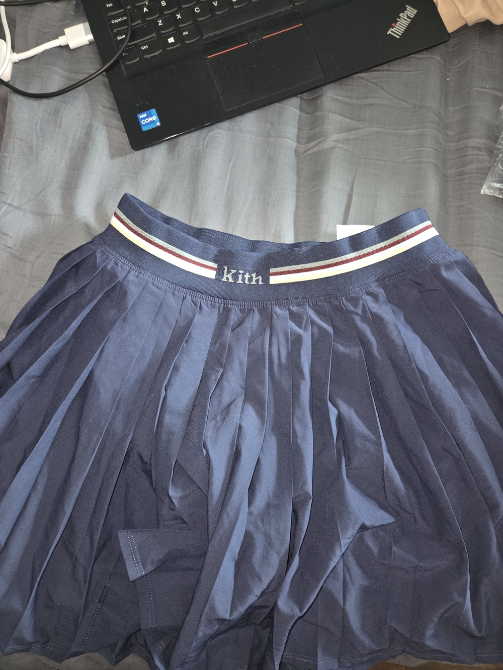Kith Wilson Navy Pleated Skirt with Striped Elastic Waistband